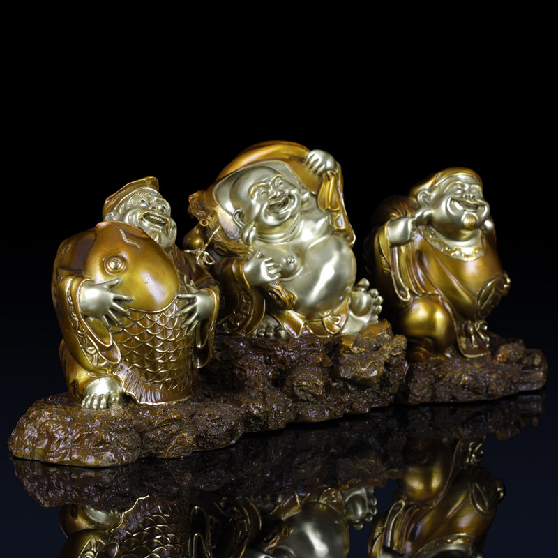 铜艺铺纯铜彩绘三福佛工艺品家居风水弥勒佛财神爷佛像摆件礼品