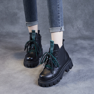 2025春秋新款复古真皮短靴女粗跟厚底马丁靴头层牛皮休闲单鞋百搭