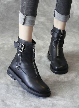女靴春秋单靴2026新款真皮前拉链马丁靴女平底牛皮短靴圆头铆钉靴