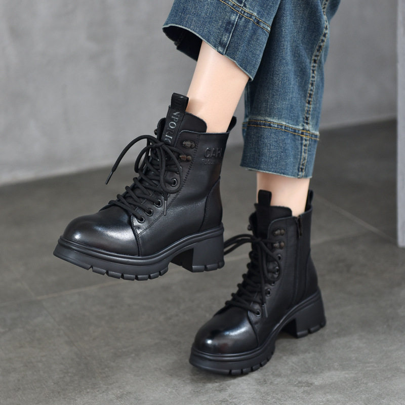 2025头层牛皮厚底系带马丁靴侧拉链短靴秋冬款真皮单靴加绒女棉靴