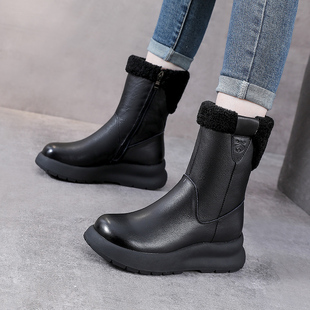 雪地靴女冬2025新款真皮厚底白色中筒靴头层牛皮加绒保暖棉鞋百搭