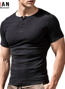 亨利衫短袖t恤男紧身螺纹纯棉重磅美式复古工装亨利领健身修身夏