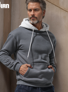 拼色假两件连帽卫衣男款加绒加厚套头长袖带帽外套宽松秋冬季帽衫