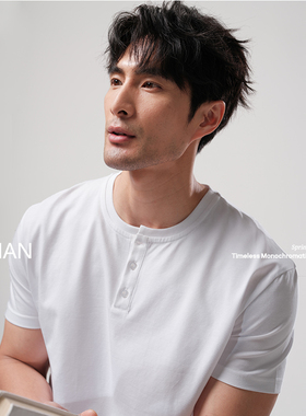 「凉感速干」230G美式复古重磅亨利衫短袖T恤半袖夏季男休闲体恤