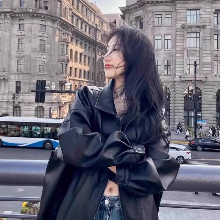 黑色翻领复古廓形PU皮衣外套女秋季机车服宽松休闲皮夹克2024新款