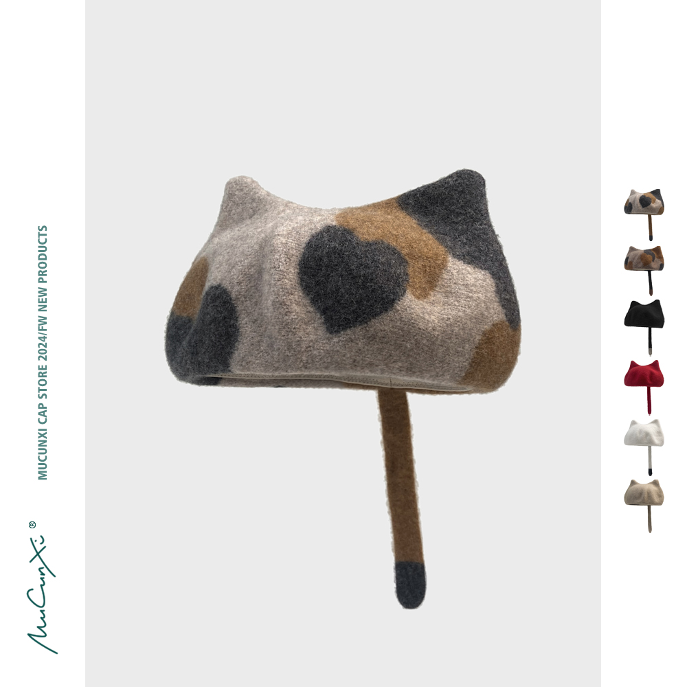 MUCUNXI 日系可爱小尾巴猫耳朵羊毛贝雷帽女秋冬保暖时尚画家帽潮