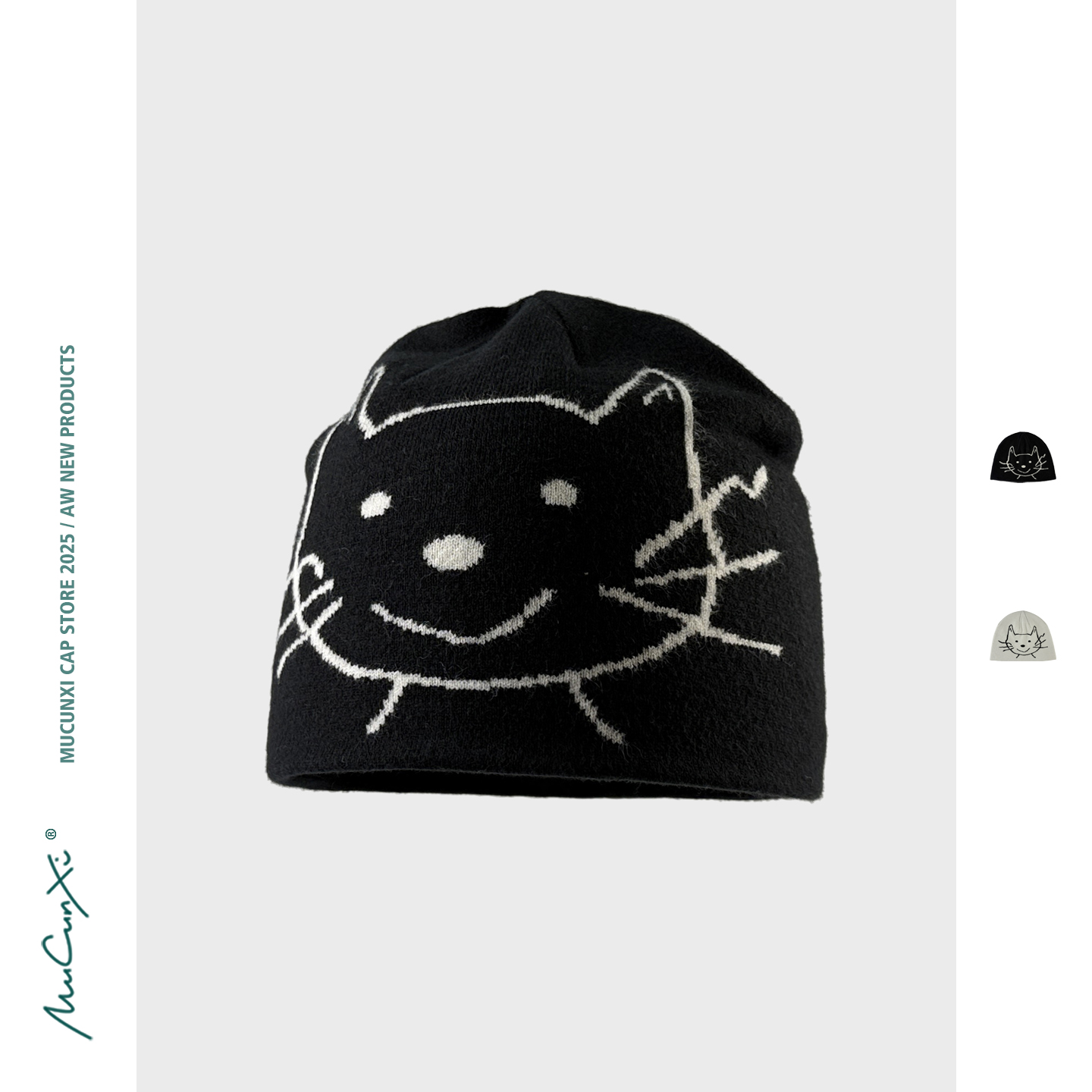 MUCUNXI 韩国ins博主同款小猫提花针织帽女秋冬护耳保暖套头冷帽