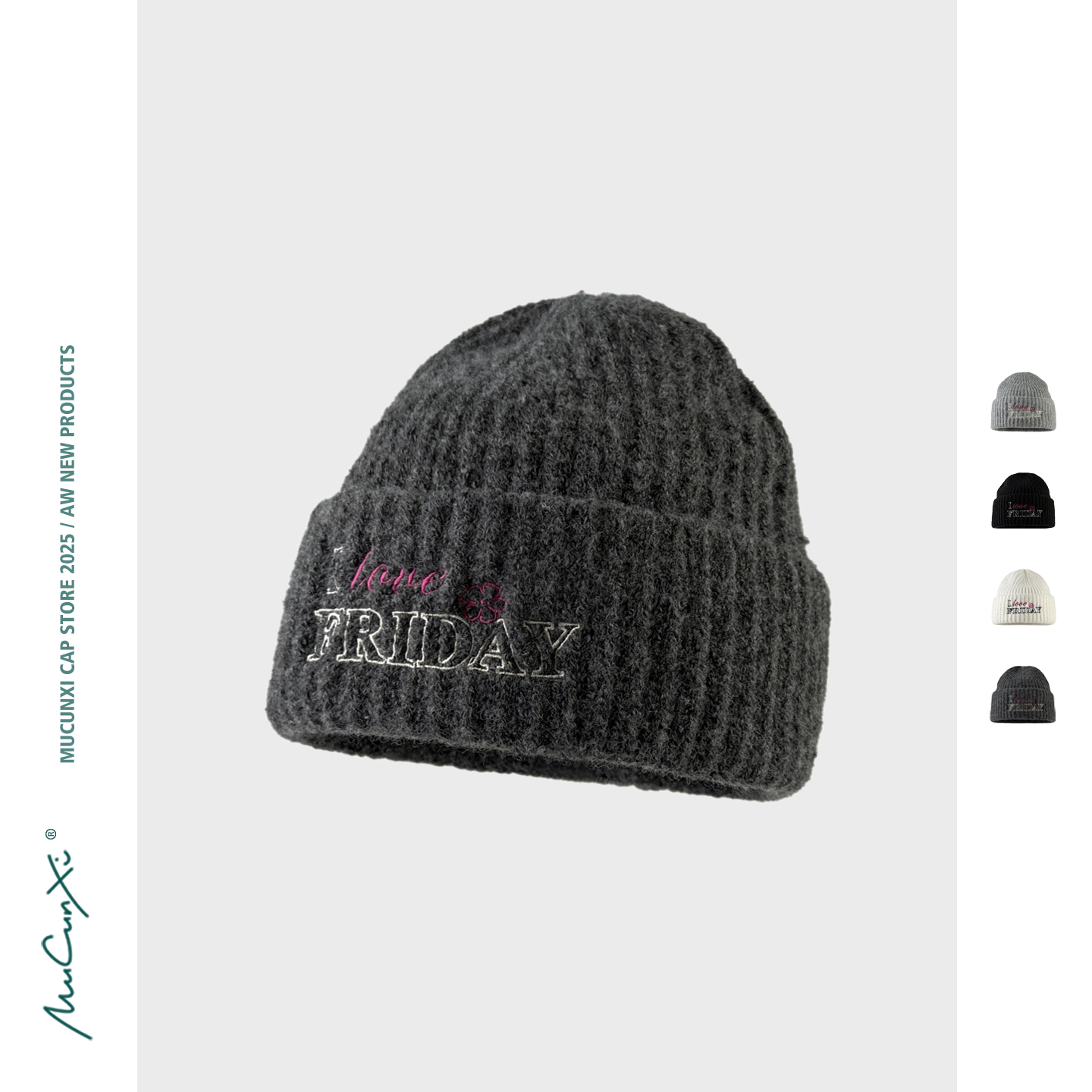 MUCUNXI 我喜欢星期五 字母刺绣针织帽男女显脸小秋冬毛线帽冷帽