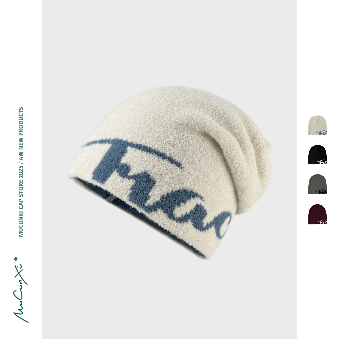 MUCUNXI 美式字母提花堆堆帽女秋冬保暖显脸小套头帽护耳包头冷帽