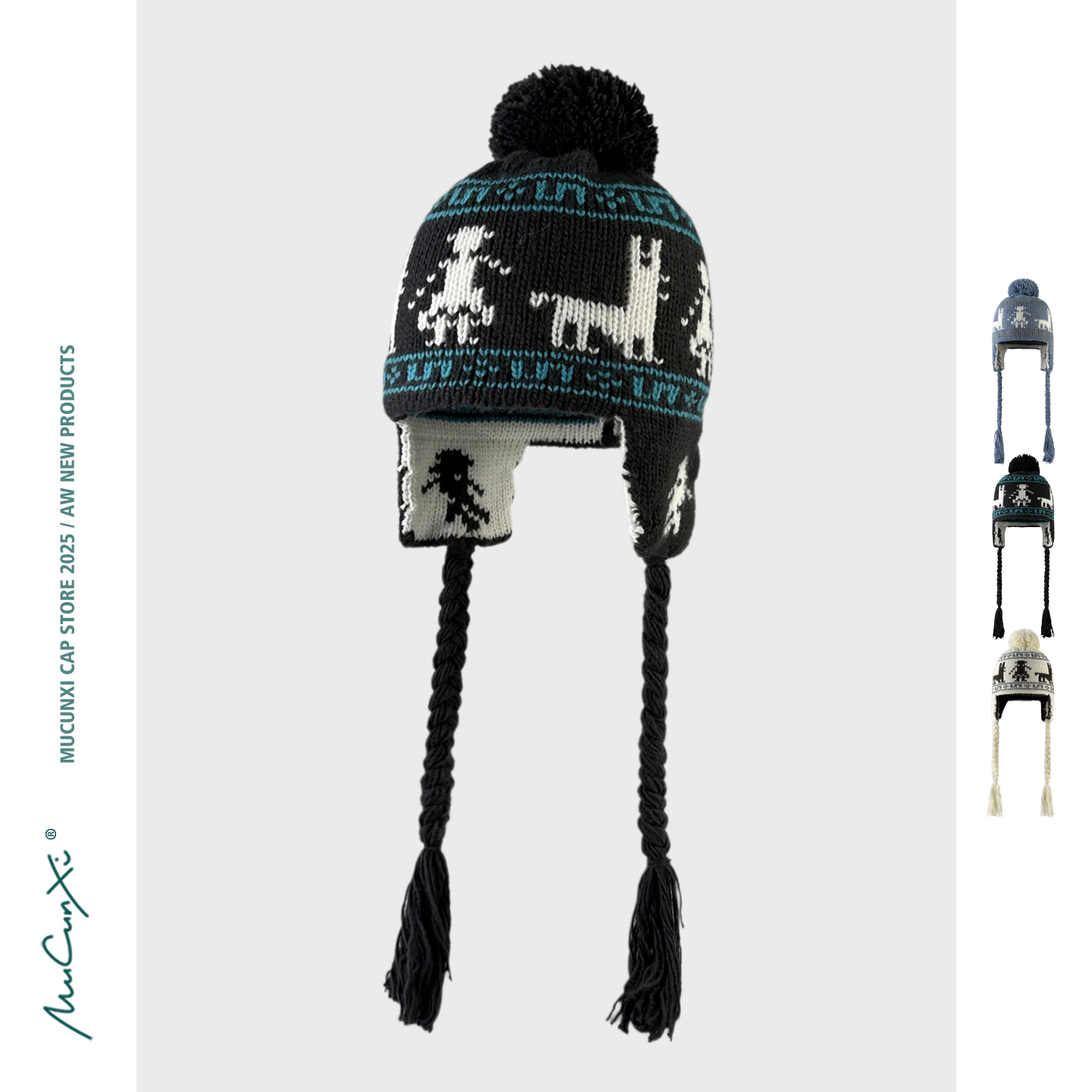 MUCUNXI 费尔岛提花毛球毛线帽女秋冬复古北欧风护耳系带针织帽男