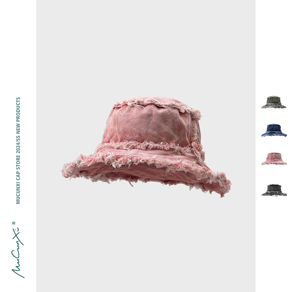 西瓜红水洗做旧毛边渔夫帽