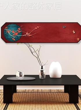 网红新中客式厅装饰画横幅古八边形鸟典红色壁中画卧室床头国风花