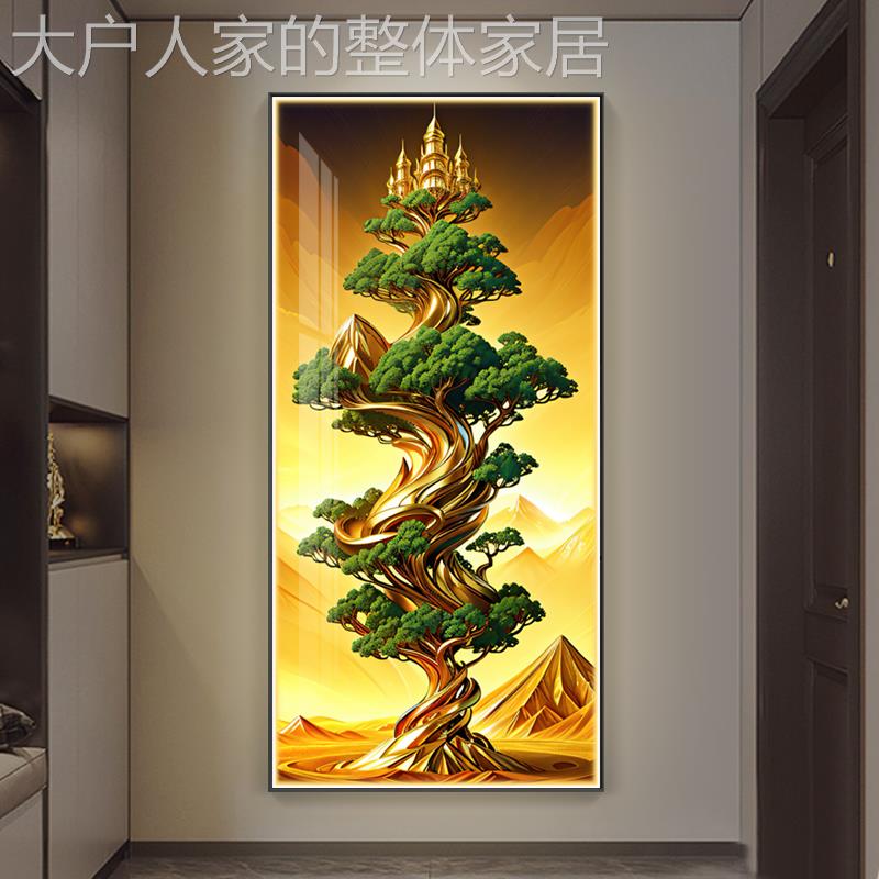 网红发财关装饰过画轻奢树大气入户挂画高档简竖玄版楼梯走约廊道图片