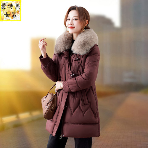 大毛领时尚中长款棉衣女显瘦洋气