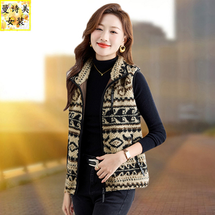 洋气民族风摇粒绒马甲女士复古花纹背心外套春秋冬季 百搭休闲上衣