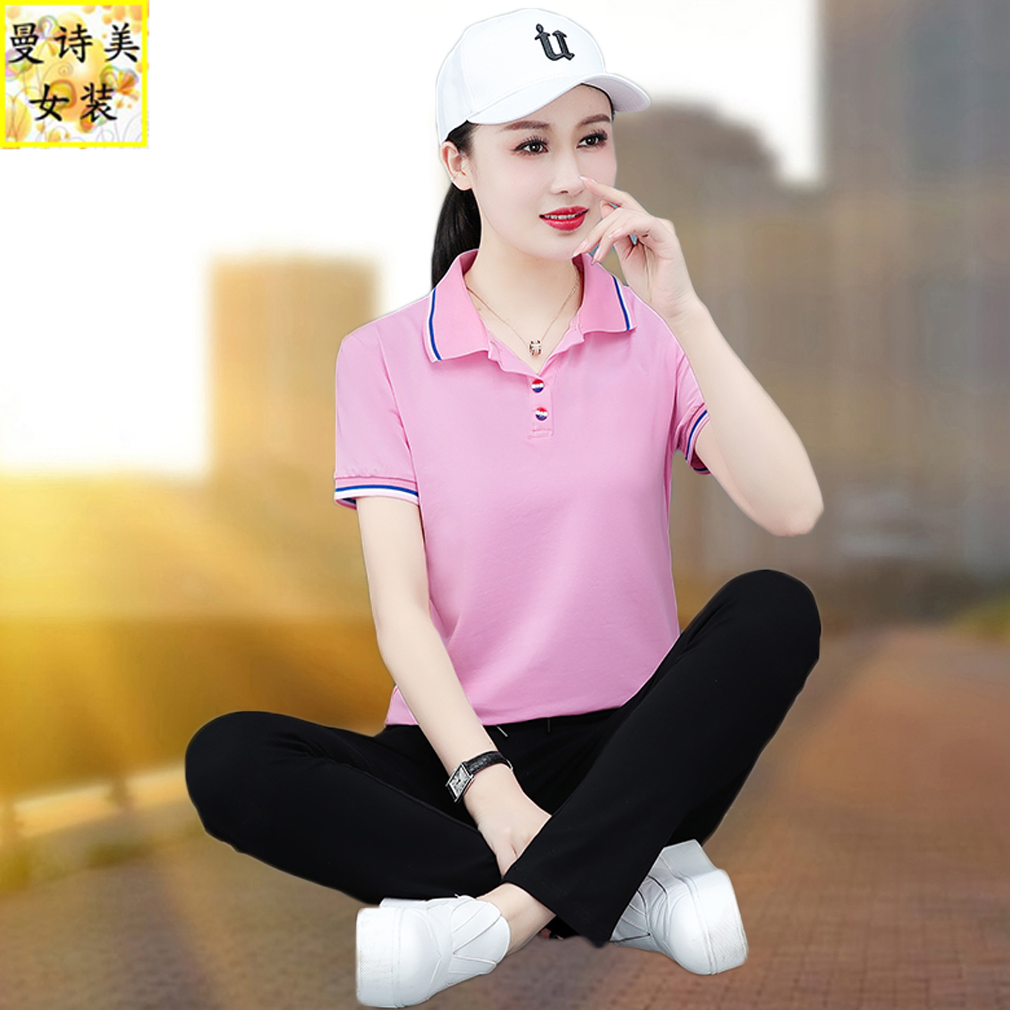 运动服套装女夏季2025新款薄款宽松休闲时尚纯棉短袖polo衫两件套