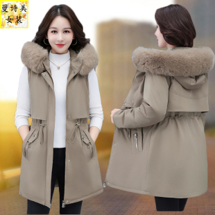 加绒加厚羽绒棉衣连帽大毛领棉服外套 新款 中长款 派克服女2025冬季