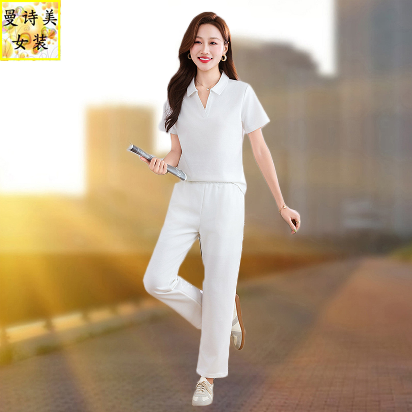 夏季翻领运动套装女士休闲两件套