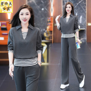 翻领休闲运动套装女2025秋季新款洋气显瘦假两件阔腿裤减龄两件套