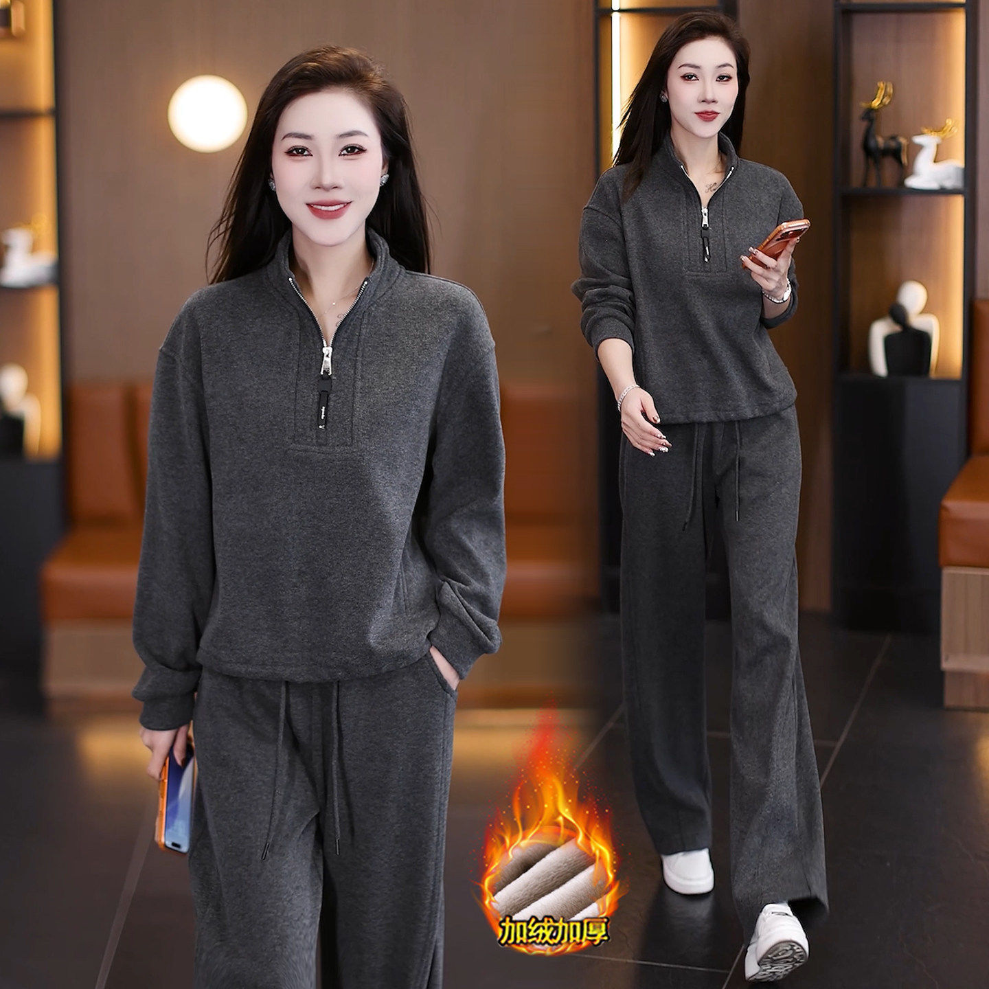 时尚加绒加厚休闲运动套装女冬季