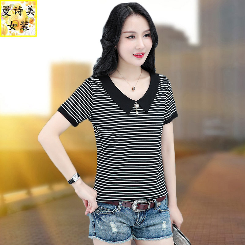 条纹短袖t恤女娃娃领纯棉宽松遮肚小衫夏装新款中年妈妈洋气上衣