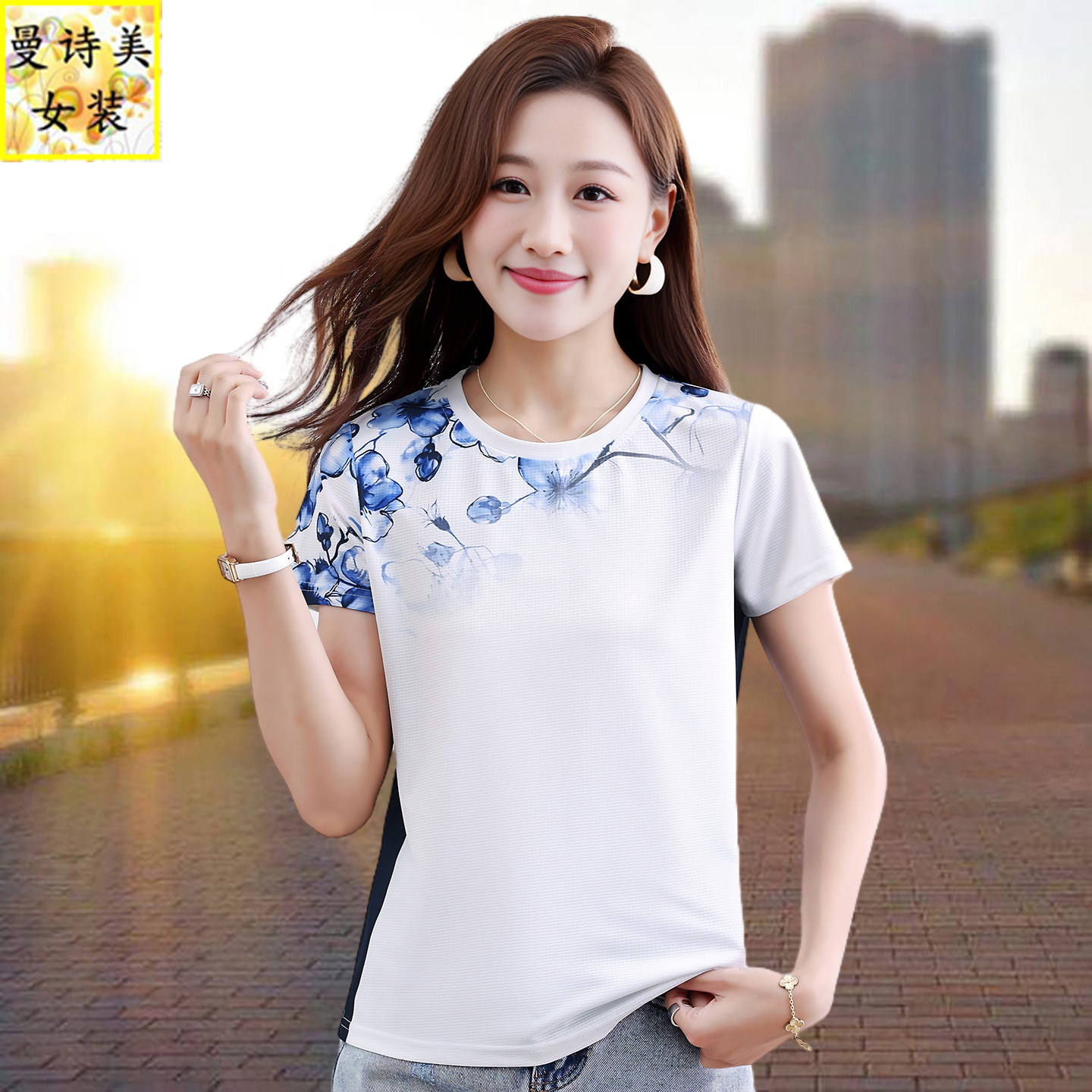 冰丝速干印花短袖t恤女夏季2026新款洋气妈妈圆领显瘦体恤上衣薄