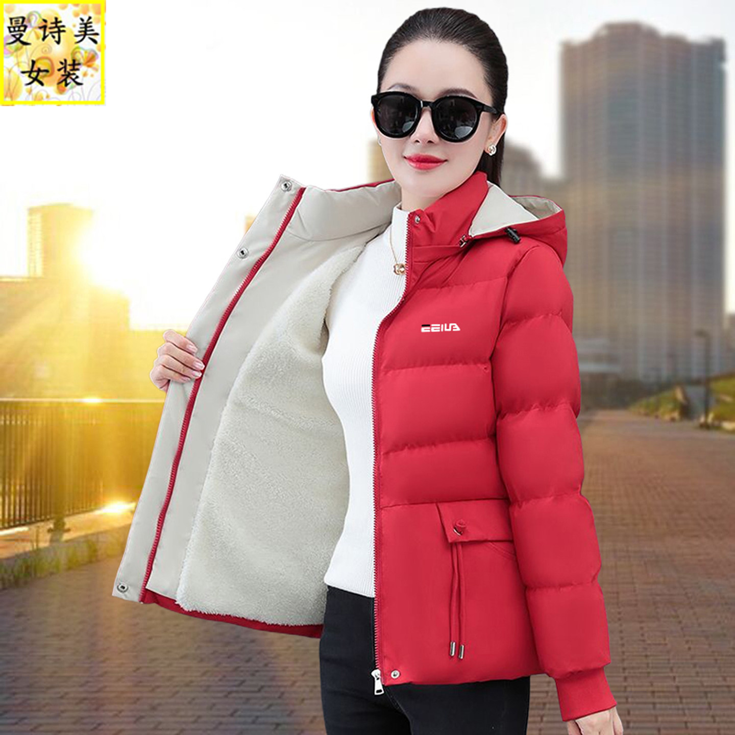 可脱帽加绒加厚羽绒棉服女外套