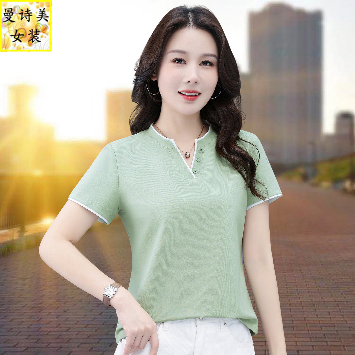 正肩v领纯棉短袖t恤女2026新款夏季爆款高端洋气女装减龄上衣体恤