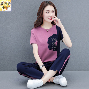 纯棉绣花短袖运动套装女2025年新款夏休闲大码中年显瘦洋气两件套