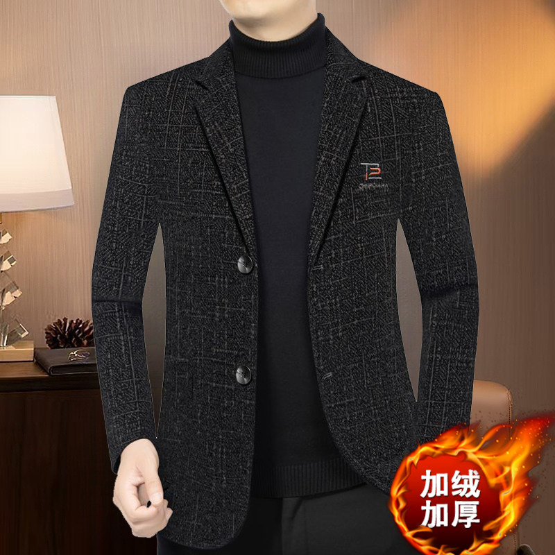 冬季加绒加厚中年西装男士商务休闲修身平驳领单西保暖西服外套