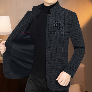 毛呢外套男士休闲加绒加厚夹克秋冬新款中老年立领男装大衣爸爸装
