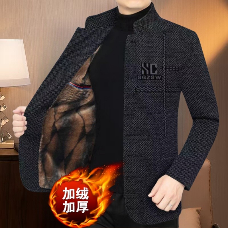 毛呢外套男士休闲加绒加厚夹克秋冬新款中老年立领男装大衣爸爸装