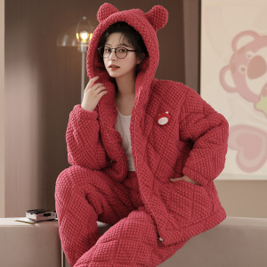 珊瑚绒睡衣女款秋冬季加绒加厚法兰绒三层夹棉拉链连帽家居服套装