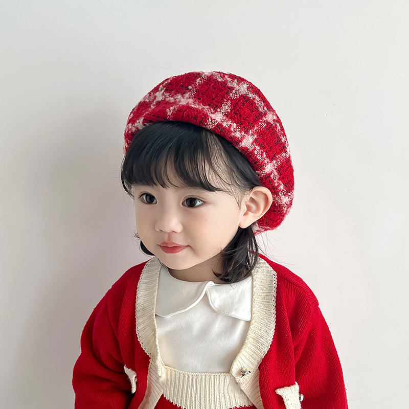 红色亲子款~女童贝雷帽秋冬新年儿童帽子格纹圣诞喜庆蓓蕾画家帽