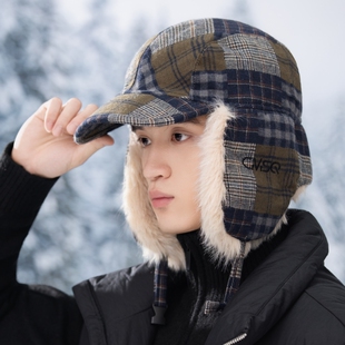 雷锋帽男款护耳防寒东北加厚加绒飞行员帽子户外骑行格子棉帽冬季