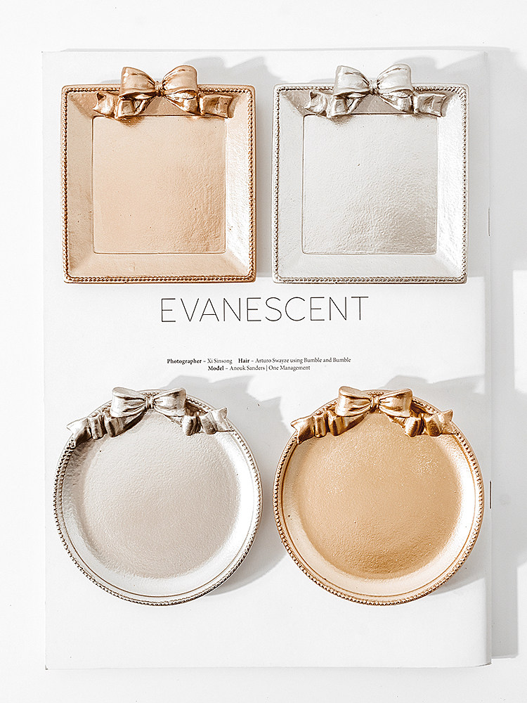 金银色蝴蝶结树脂托盘首饰碟戒指项链收纳盘饰品拍照摄影背景道具