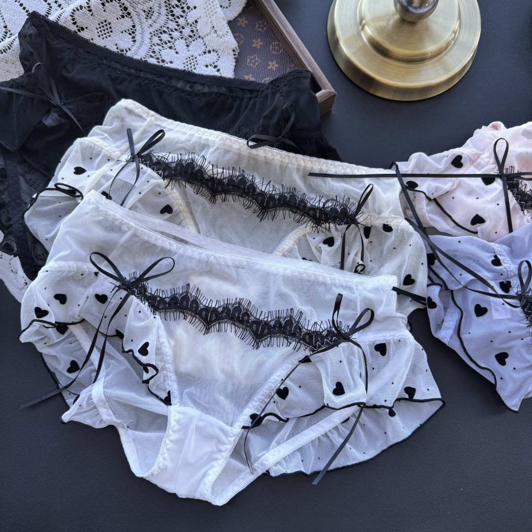 【80-120斤】0523#心花怒放~甜美爱心网纱睫毛荷叶边性感女内裤