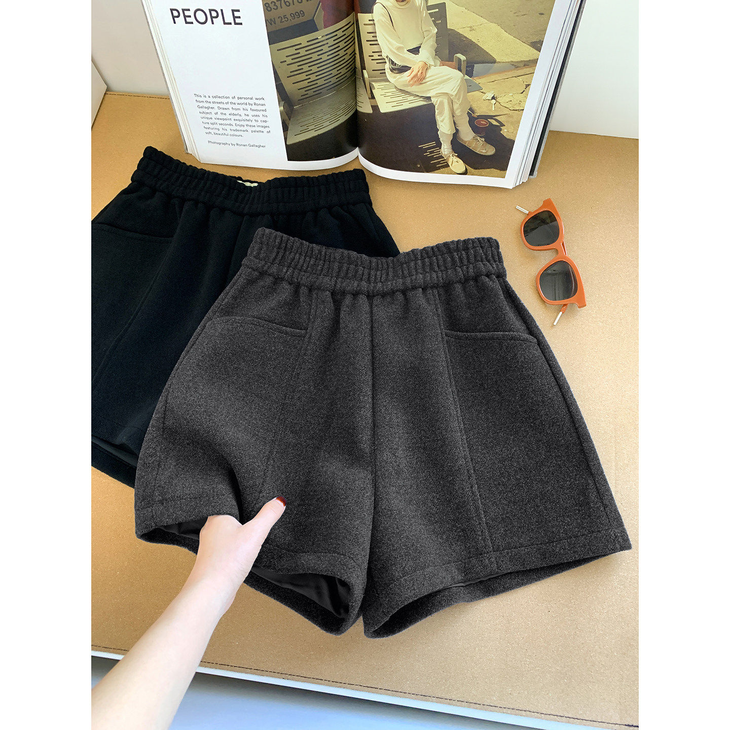 灰色松紧腰a字毛呢短裤女2025冬季新品休闲高腰加厚显瘦外穿裤子