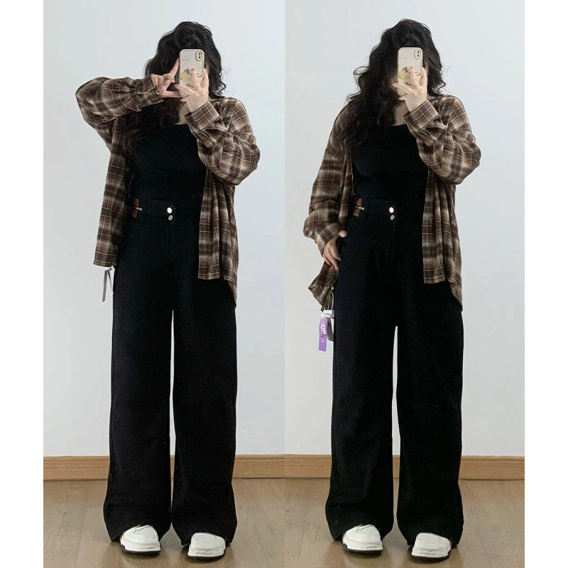 大尺码女装胖mm黑色直筒牛仔裤女秋冬新款裤子宽松显瘦百搭加绒女