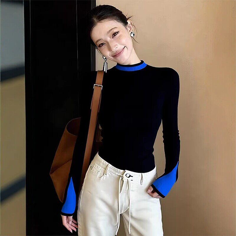 韩系黑蓝撞色半高领针织衫女秋冬季轻奢高级感气质内搭打底衫上衣