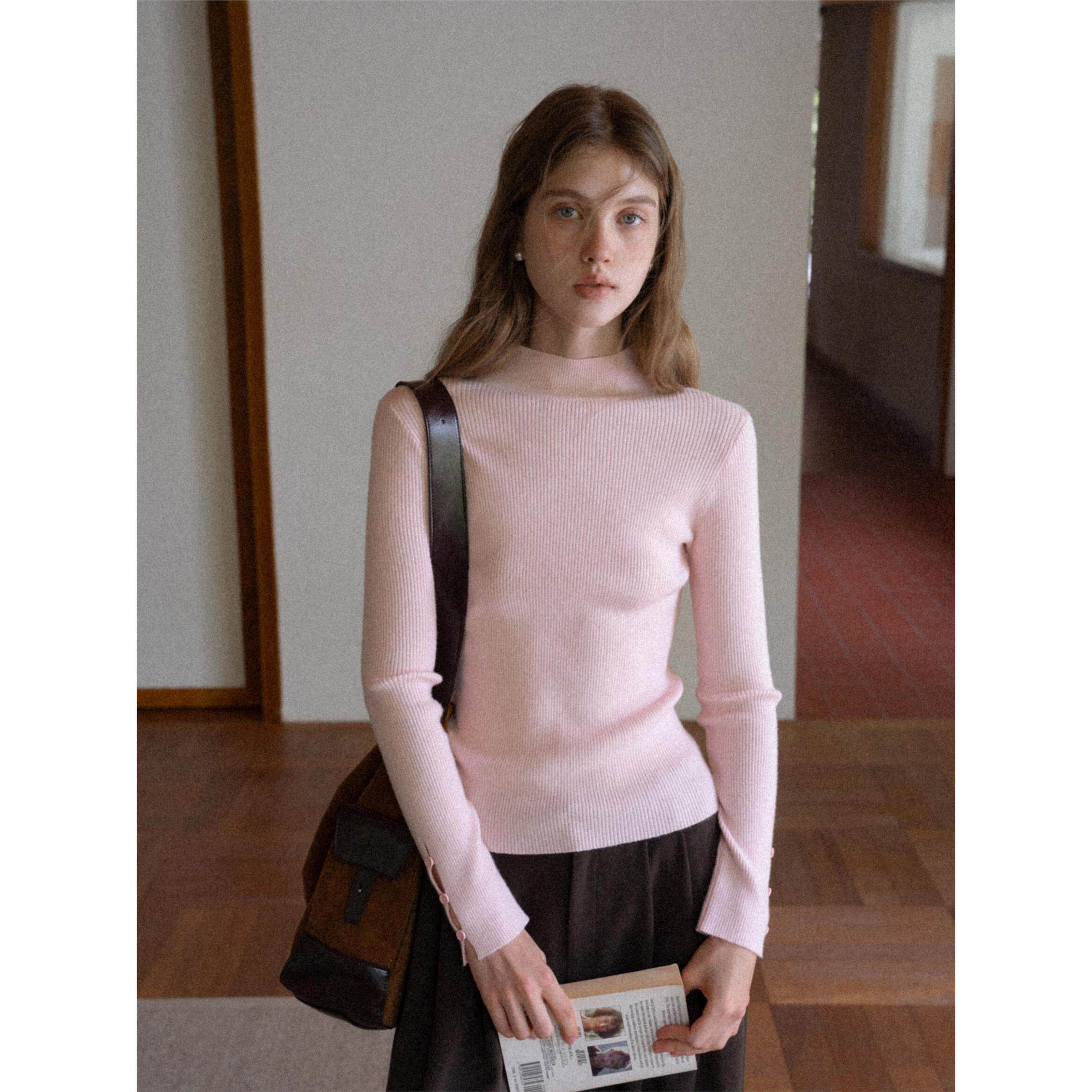 EGGKA袖口镂空设计半高领粉色长袖针织衫秋冬修身气质打底衫上衣