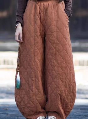 新中新国风宽松棉麻夹棉加厚灯笼裤女复古菱形格休闲百搭保暖棉裤