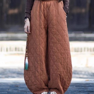 新中新国风宽松棉麻夹棉加厚灯笼裤女复古菱形格休闲百搭保暖棉裤