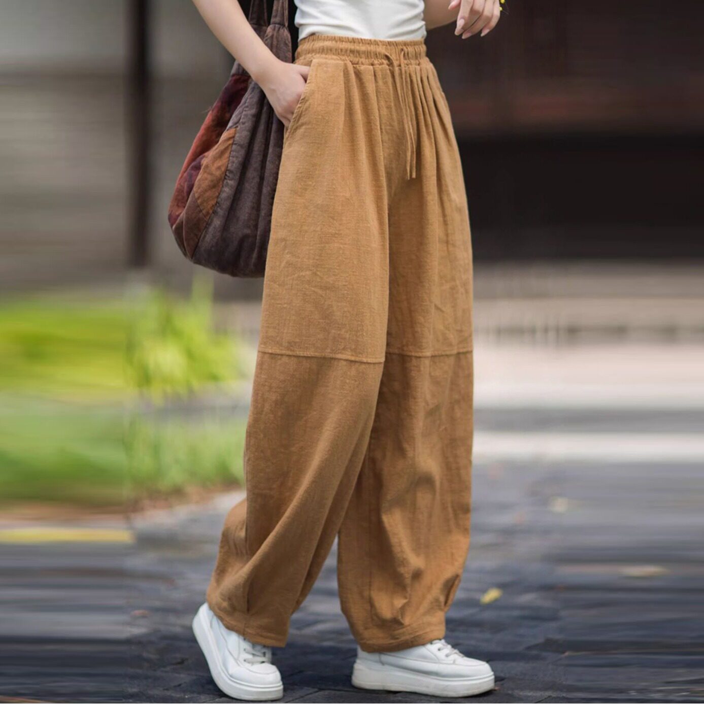 新中式棉麻裤子2026新款文艺百搭棉麻长裤松紧腰春秋款禅意哈伦裤