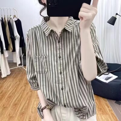 夏季复古宽松纯棉条纹衬衫女上衣