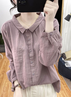 文艺宽松百搭棉麻长袖衬衫上衣女
