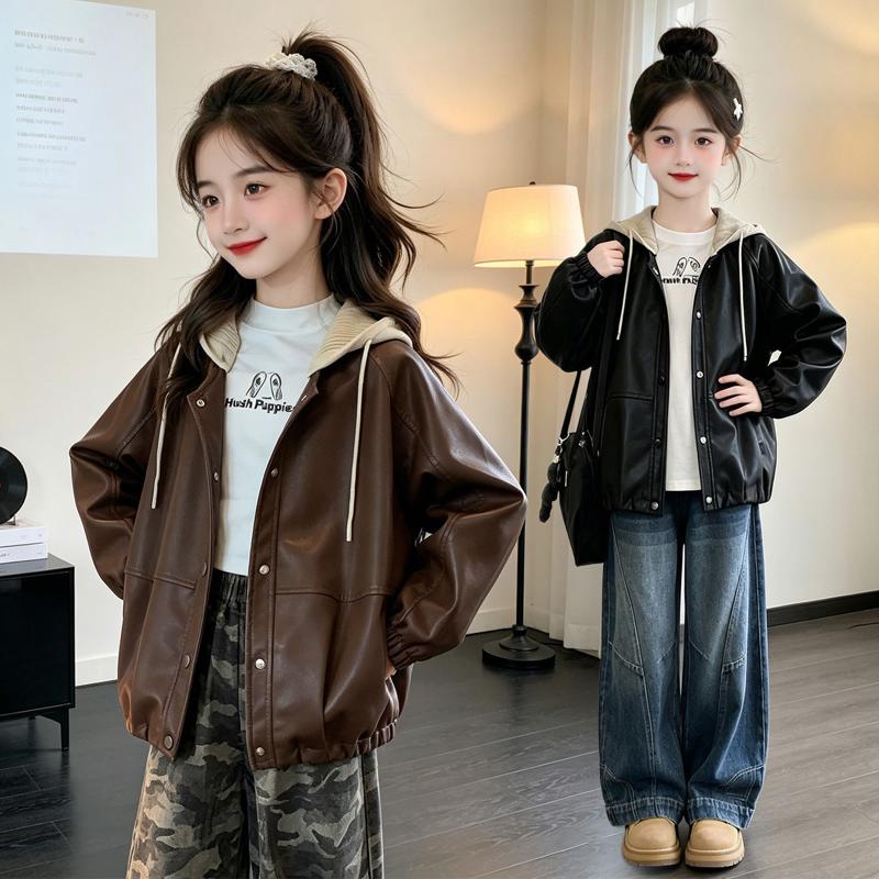 女童连帽皮衣外套春秋韩版洋气中大童休闲皮夹克上衣女孩秋季外套