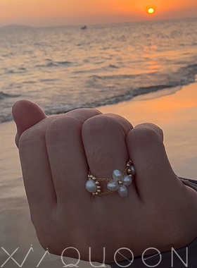 四叶草手工编织天然珍珠戒指