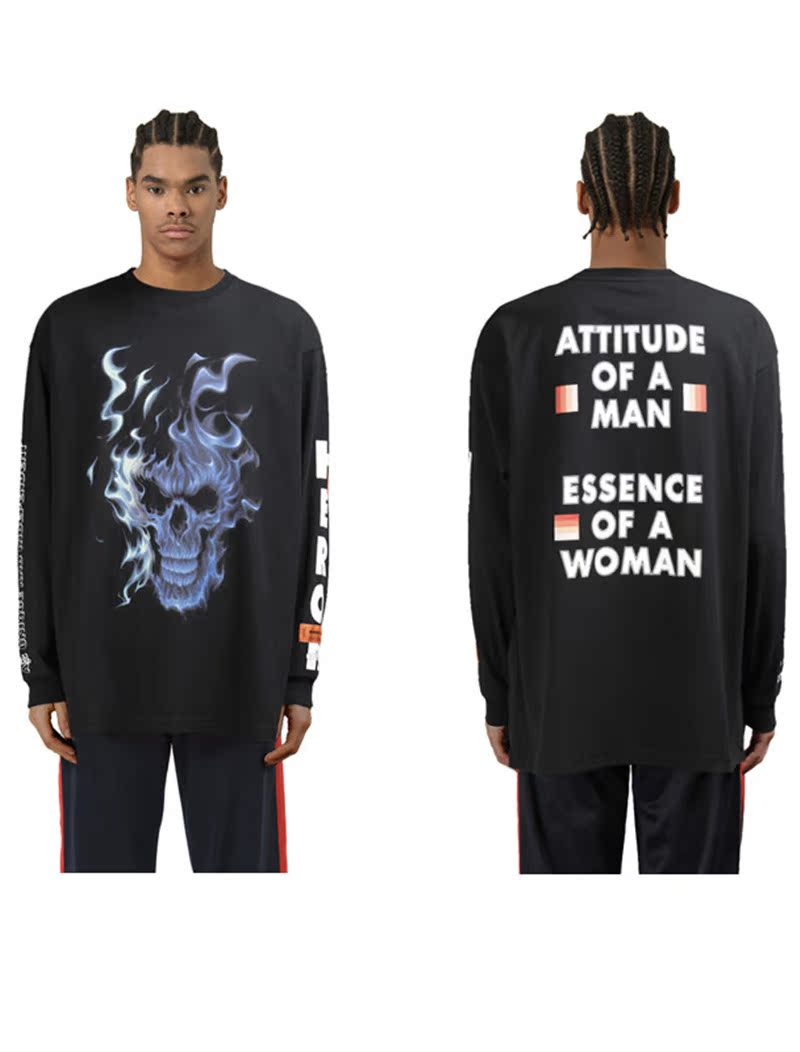 17FW Heron Preston 蓝色火焰骷髅鬼火字母印花T shirt恤长袖男女