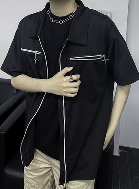 ALKE 简约免烫金属拉链款ins五分袖纯色短袖宽松衬衫 男女情侣款